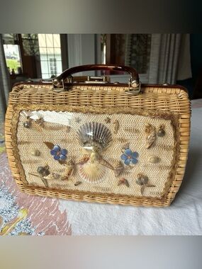 Vintage Princess Charming by Atlas Wicker Seashell and Blue Flower Handbag